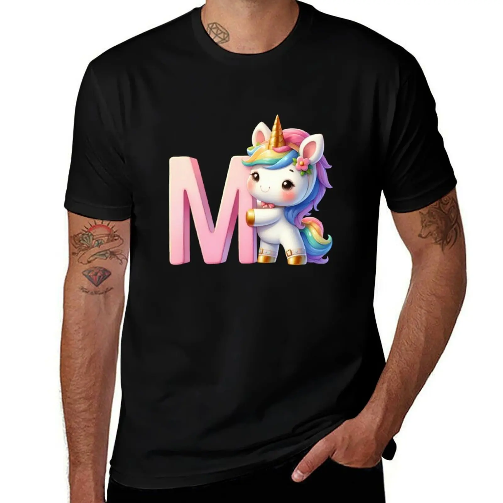 Unicorn kawaii alphabet monogram letter M T-Shirt Comfortable Daily Wear Tee T-Shirt