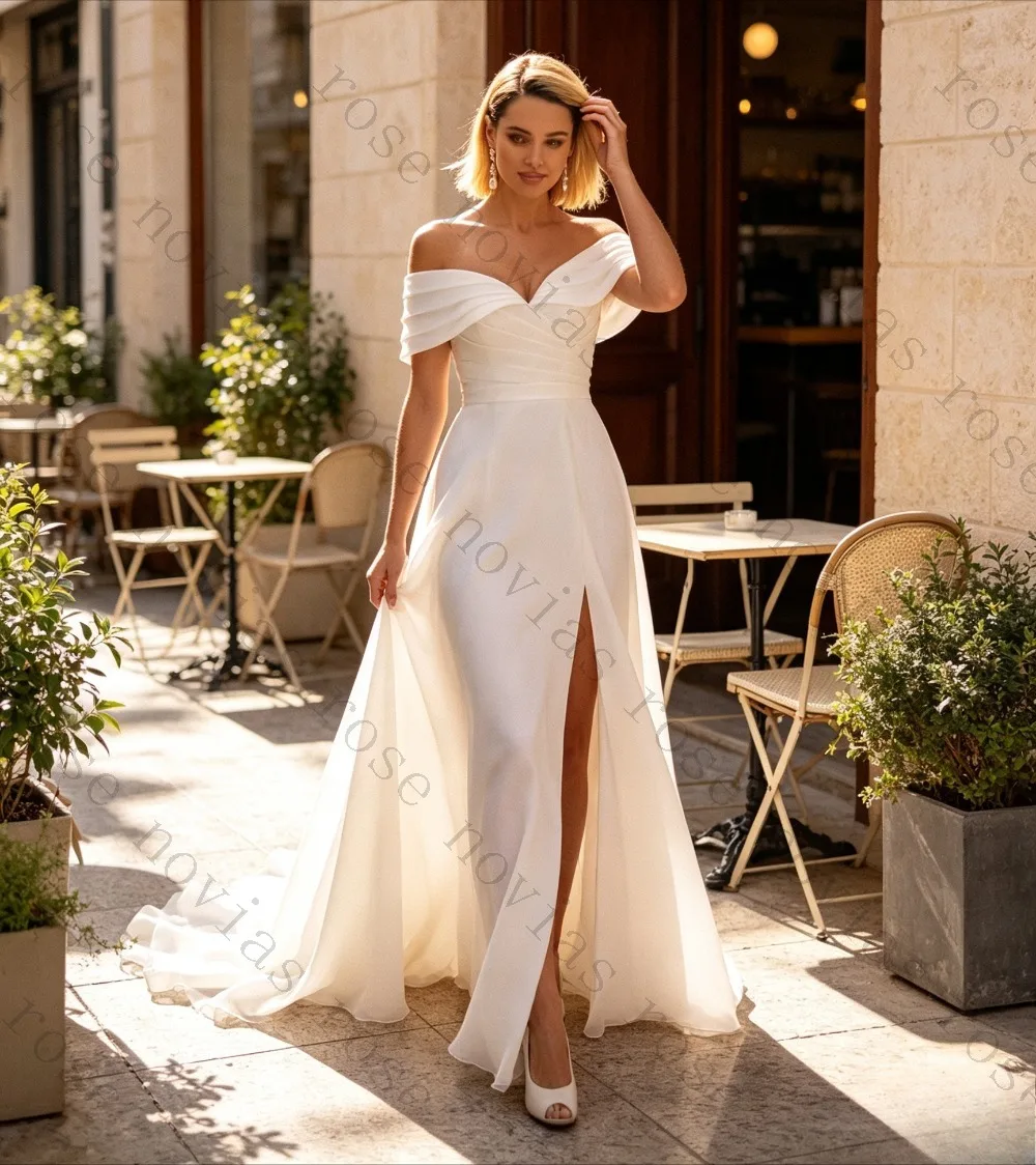 Customized Off Shoulder Satin Wedding Dress with High Slit for Brides Elegant A-Line Bridal Gown Perfect for Beach or Outdoor