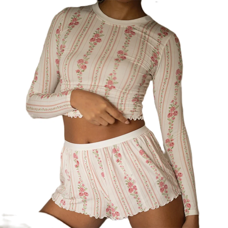 Vintage Pajamas Lounge Fairy Y2K Aesthetic Vintage Outfit Cottage Floral Print 2 Piece Set Long Sleeve T-shirt Crop Top + Shorts