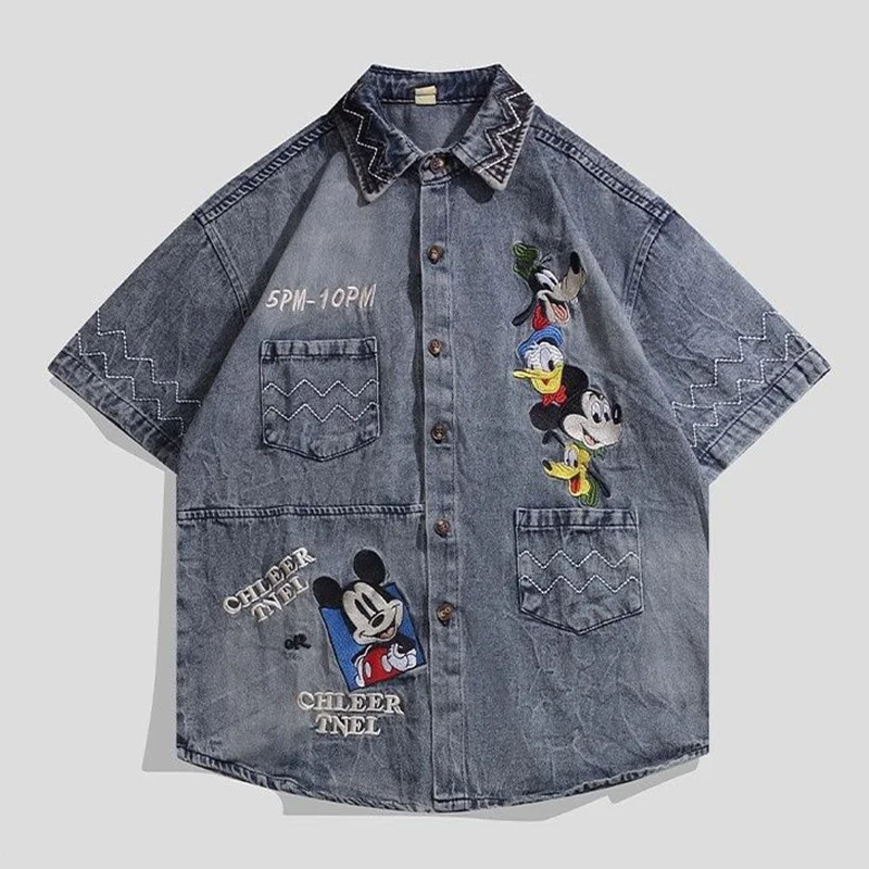 

Новинка: Модная летняя повседневная рубашка из денима с вышивкой Микки Мауса, отложным воротником и полосатым узором