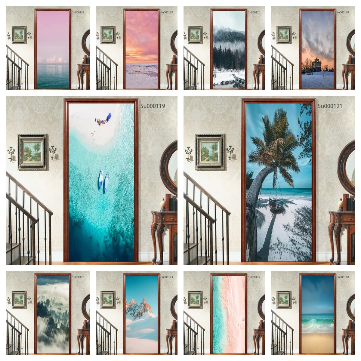 

Ocean Sky Tourist Attraction Scenery Doors Mural Self-adhesive Wallpaper for Living Room Cabinets Decorative Room Door Sticker