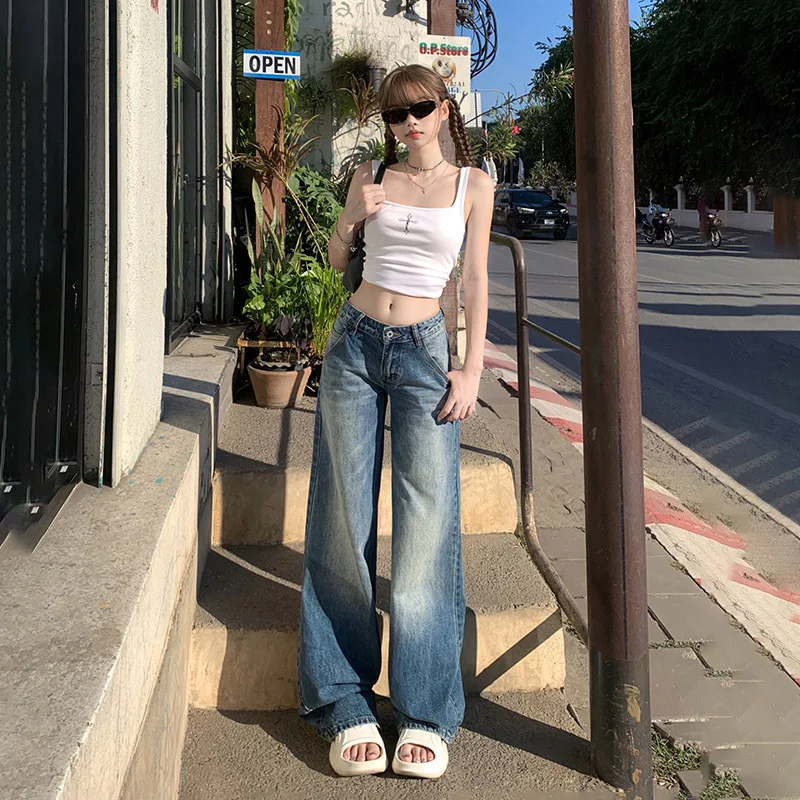 

Spicy Girl Flared Jeans For Women Low Waist Draped Straight Loose Slimming Wide Leg