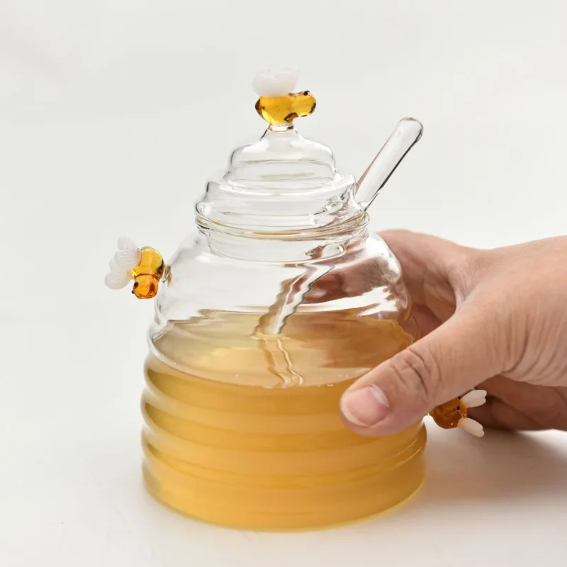 Transparent Glass Honey Jar Kitchen Storage Container Glass Mixing Honey Bottle With Lid Useful Things for Kitchen Containers