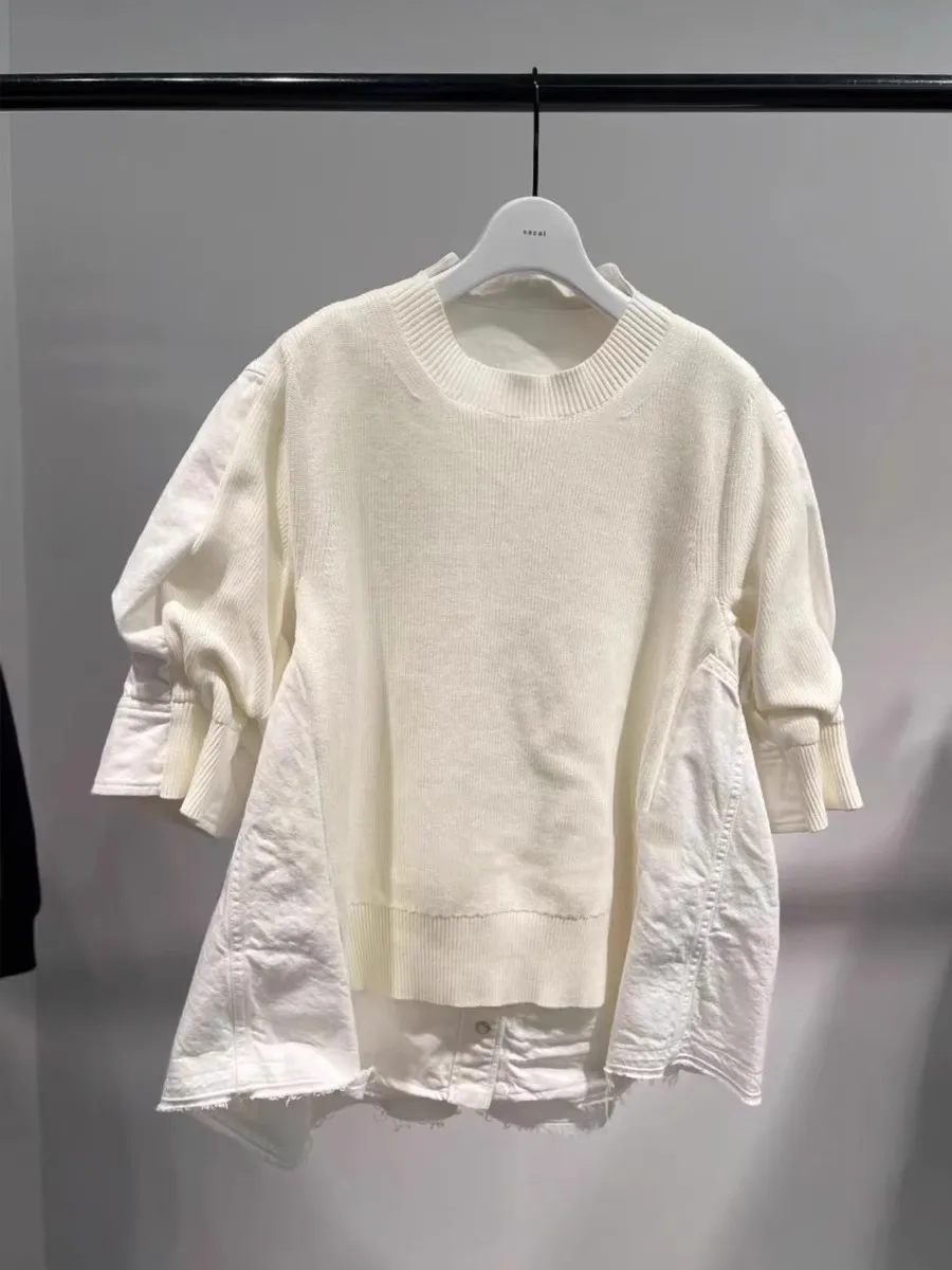 

Faionable ort Sve Knitted Sweater Denim Patchwork Overhead Spring Summer New Arrival Street Sle round Ne Cotton Blend