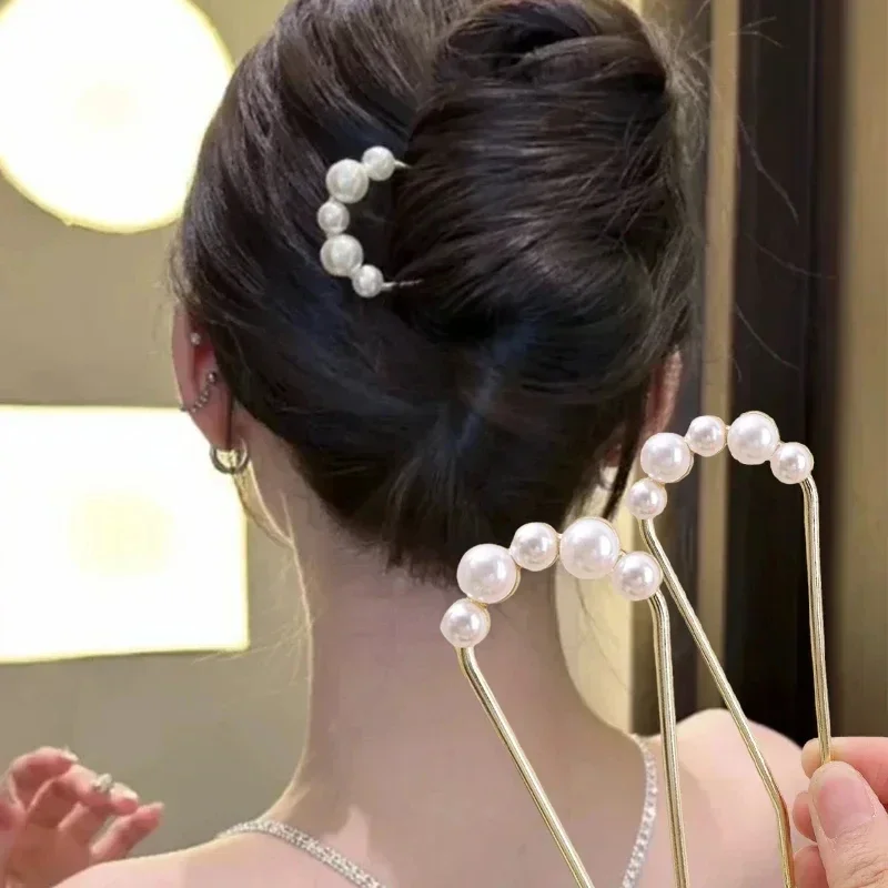 Korean U Shaped Pearl Hairpins Hair Clips for Women Elegant Style Metal Forks Vintage Pearl Hairpins Hair Styling Tools Gifts