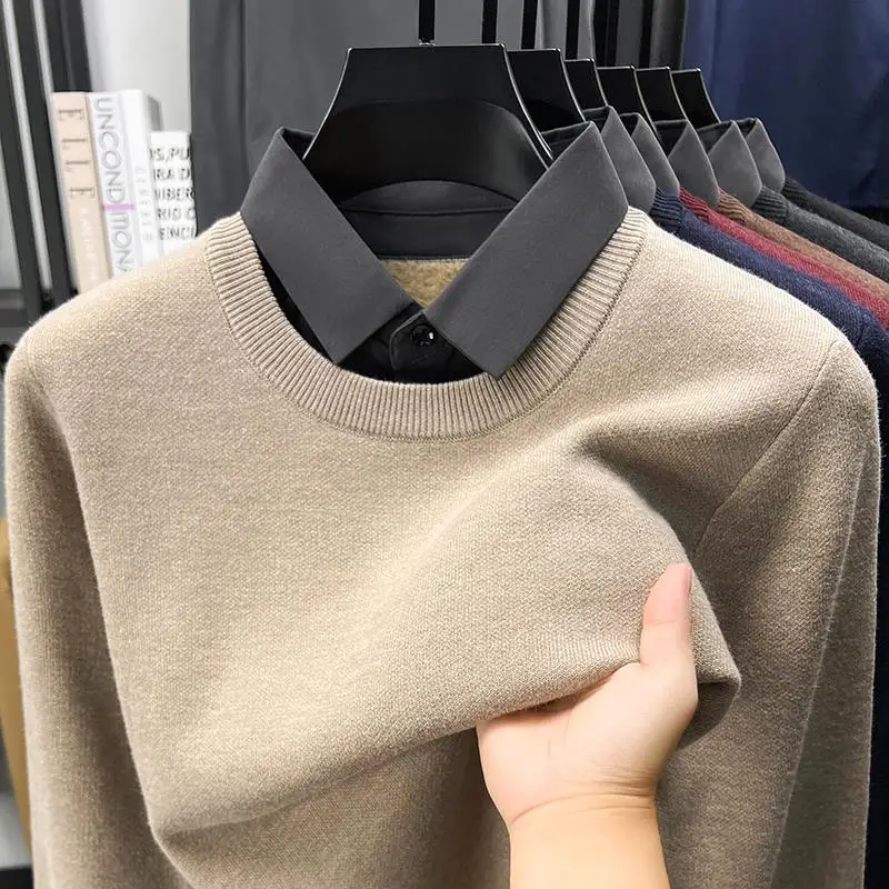 

Thiened Fce Men's Knitted Sweater irt Collar Fake Two-Piece Warm Busin Winter Long Sve Soft Regular Fit Button up