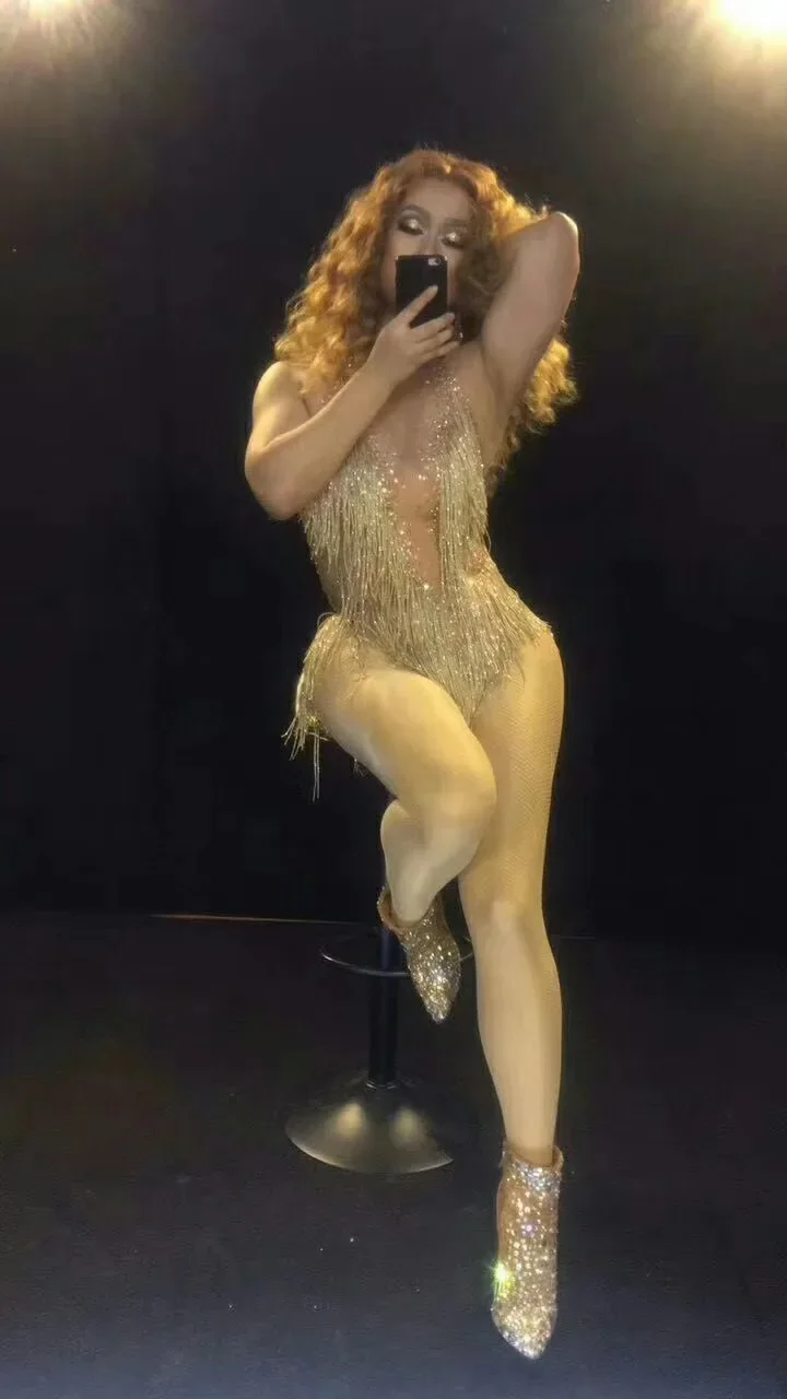 Body Sexy con cuello Halter y borlas de diamantes de imitación dorados brillantes para mujer, trajes de cantante de escenario de tela latina de Jazz, ropa para Bar y DJ