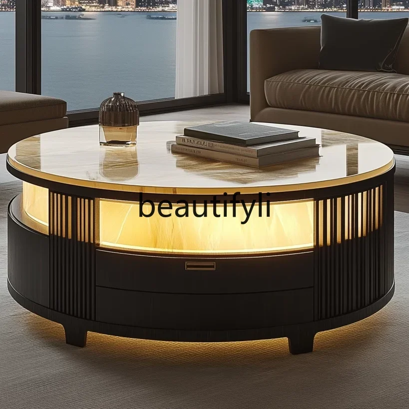 

Advanced modern round luminous luxury stone coffee table minimalist villa living room natural marble, home
