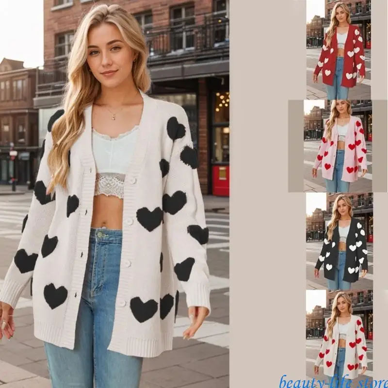 

Women Heart Print Knitted Long Sweater Cardigan Button Down Valentines Outerwear 517D