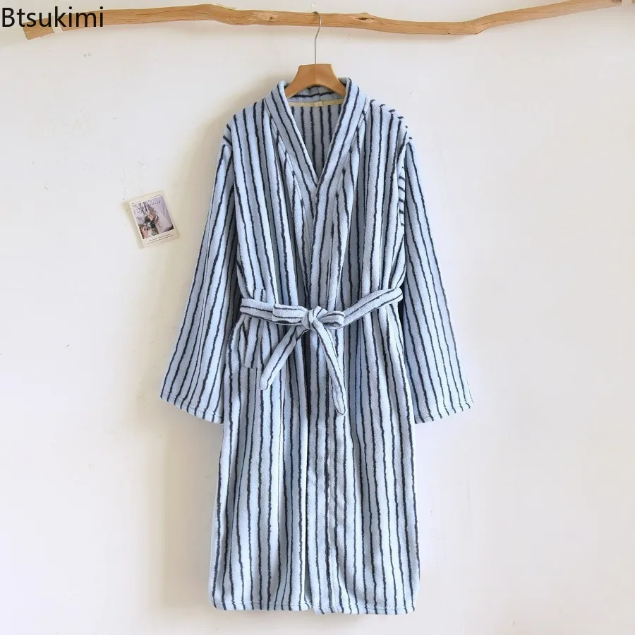 Women's Thickened Long Coral Fleece Sleepwear Autumn Winter Warm Simple Striped Loose Flannel Robe Bathrobe Comfortable Robes 4