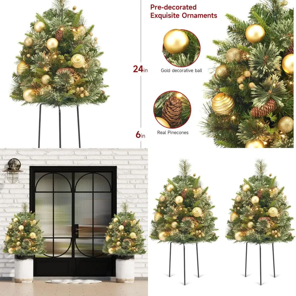 

Battery-Powered 30 Pre-Lit Mini Christmas Tree Set, 50 LEDs, Realistic Carolina Pine, Gold