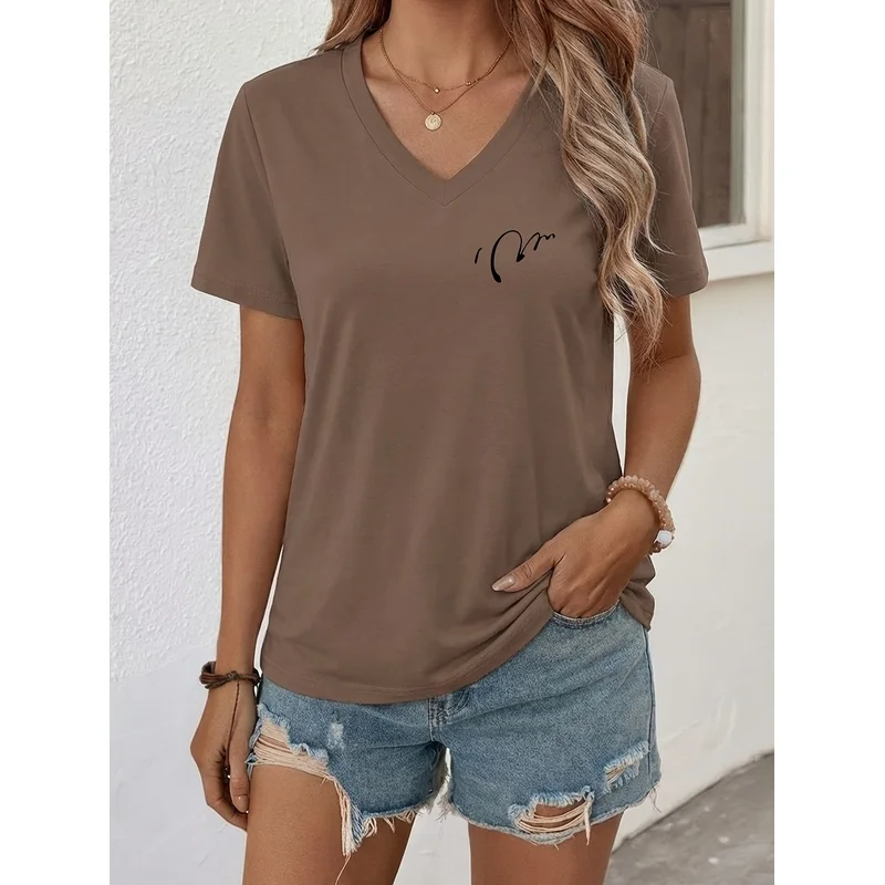 V-Neck Short-Sleeve T-Shirt, Featuring a Easy Heart Print. The Pure Fabric Is Comfortable And Has a Quality Feel, Making