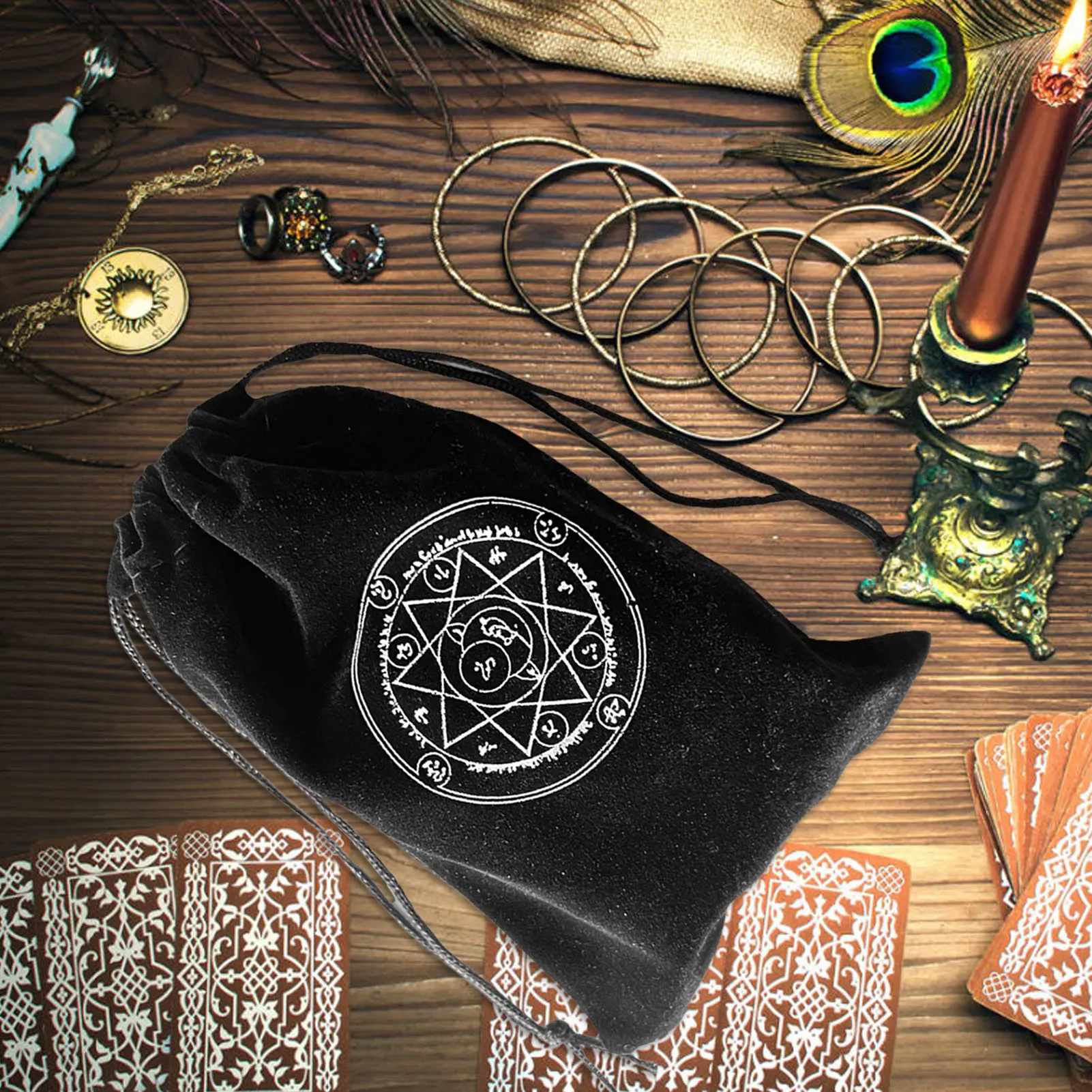 Drawstring Gift Bags Portable Cloth Drawstring Bag Pentagram Bags With Drawstrings Tarot Card Holder Jewelry Bags Flannel Print