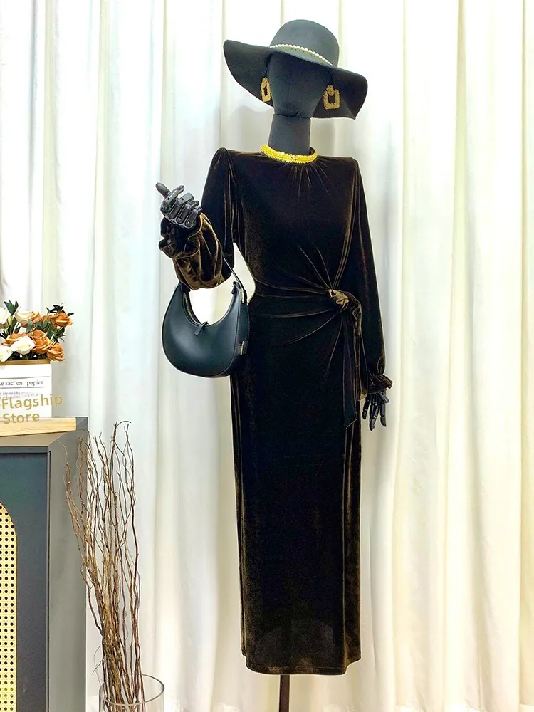 

Elegant Velvet Long Dress with Embroidery High Waist Slim Fit Bodycon Skirt by Pin No Coffee Color Autumn Winter New Arrival