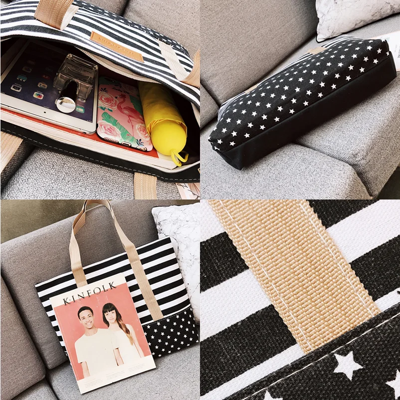 2022 New Style Grid Women Canvas Shoulder Bag Contrast Color Star Stripe Cloth Bag Fashion Bag Korean Casual Bag