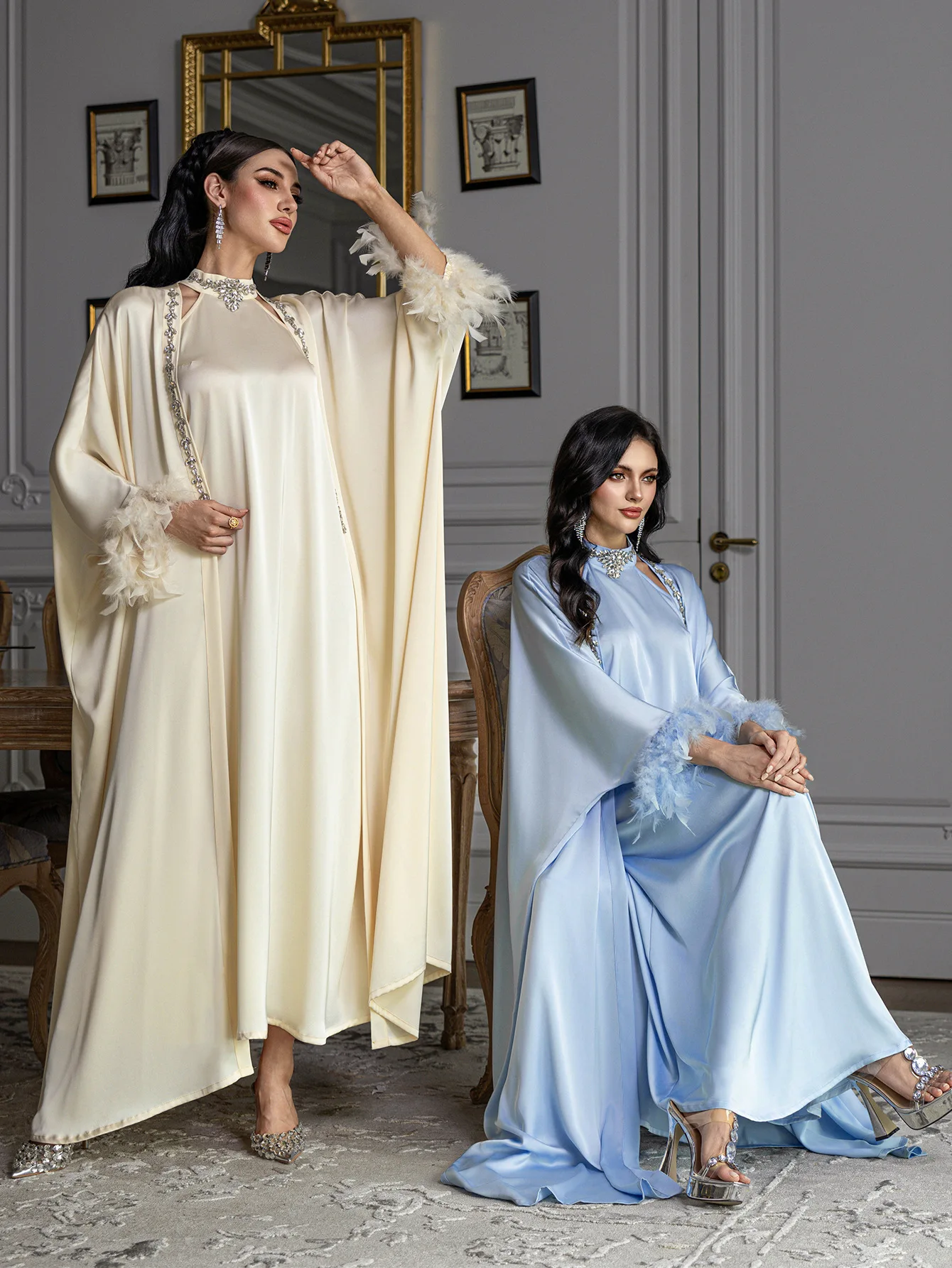 2PCS Feather Diamonds Abaya Dress Eid Muslim Sets for Women Dubai Kaftan Kebaya Kimono Cardigan Islam Jalabiya Caftan Femme Robe