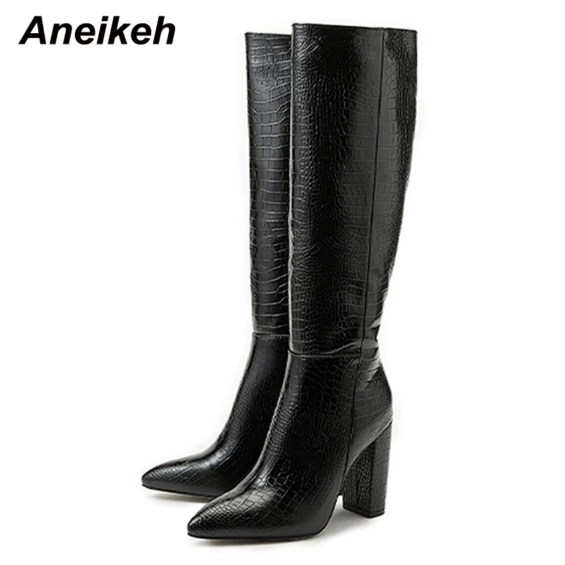 Aneikeh Pointed Thick Heels Knee Long Boots Women\'s 2024 Spring/Autumn Patent Leather Crocodile Pattern Panel Side Zipper Boots