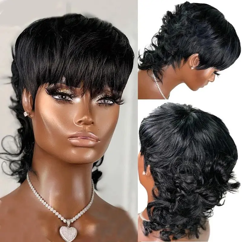 Brazilian Pixie Cut Wigs Human Hair Short Mullet Loose Wave Glueless Wig 100% Human Hair Ready To Wear No Lace Full Machine Wig