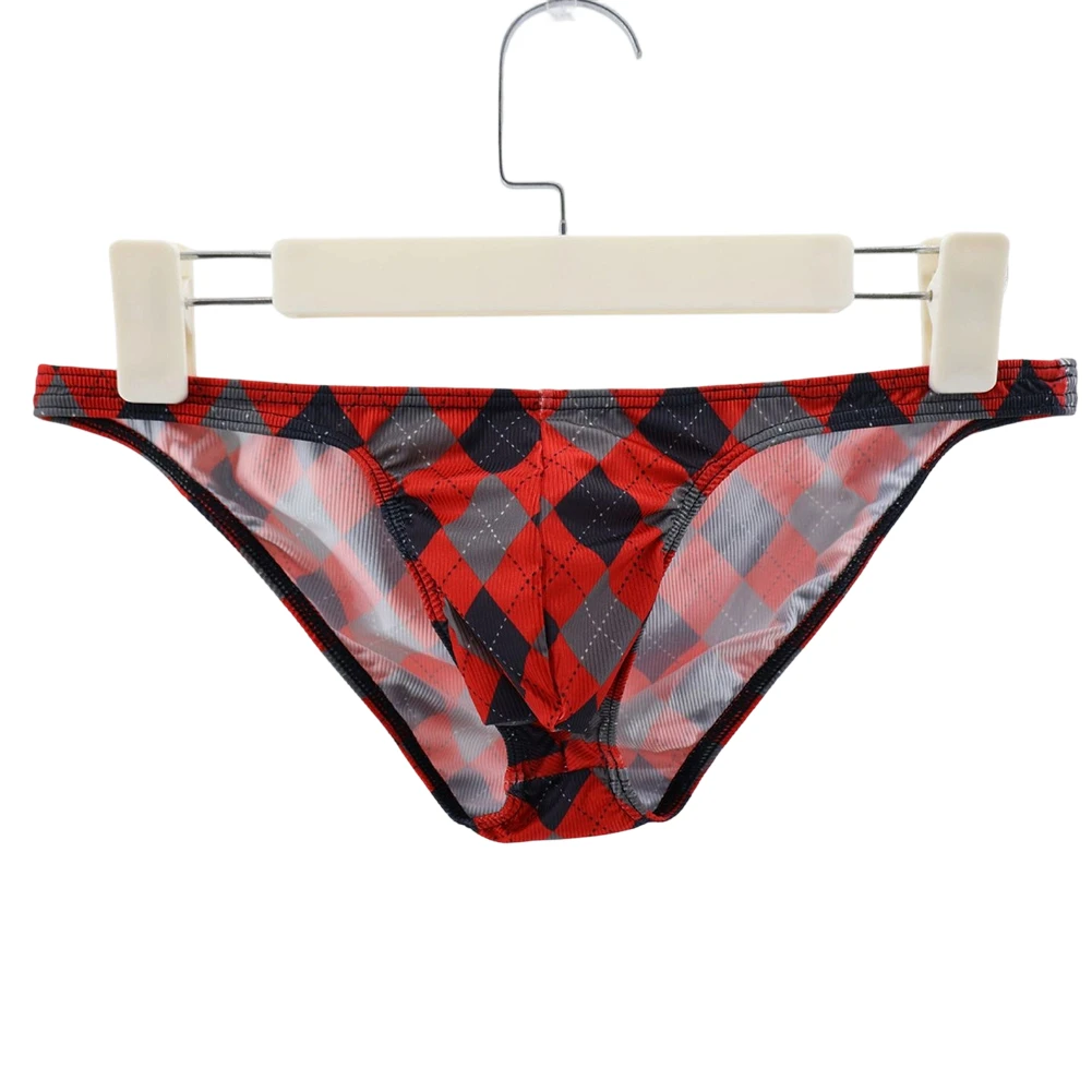 Men Plaid Print Panties Ribbed Lingerie High Fork Briefs Underwear Bulge Pouch Lingerie Underpants Breathable Panties Fashion