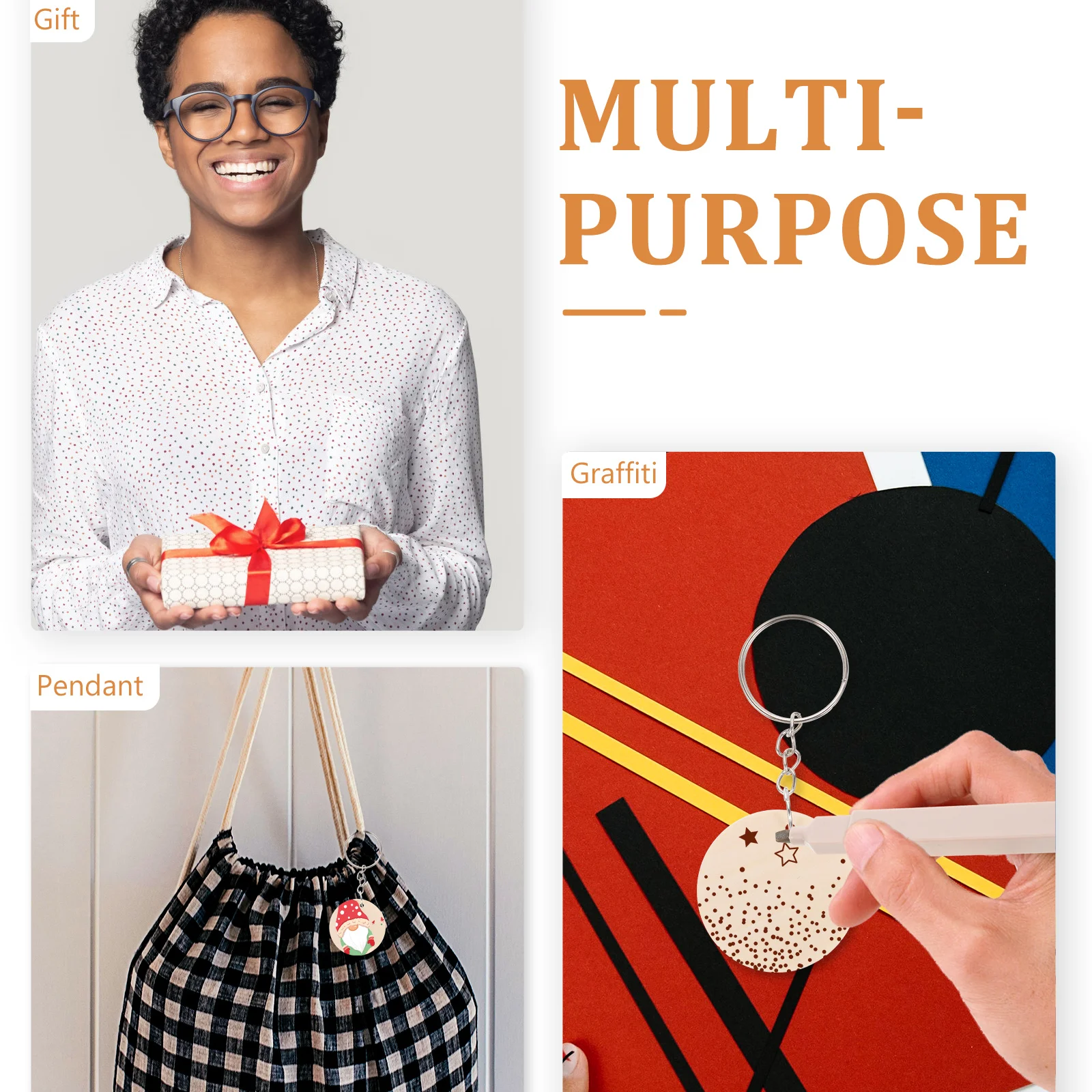 

100 set Wooden Keychains Unfinished Blank Wood Slices Pendants Decorative Multifunctional Key Rings DIY Craft Accessories