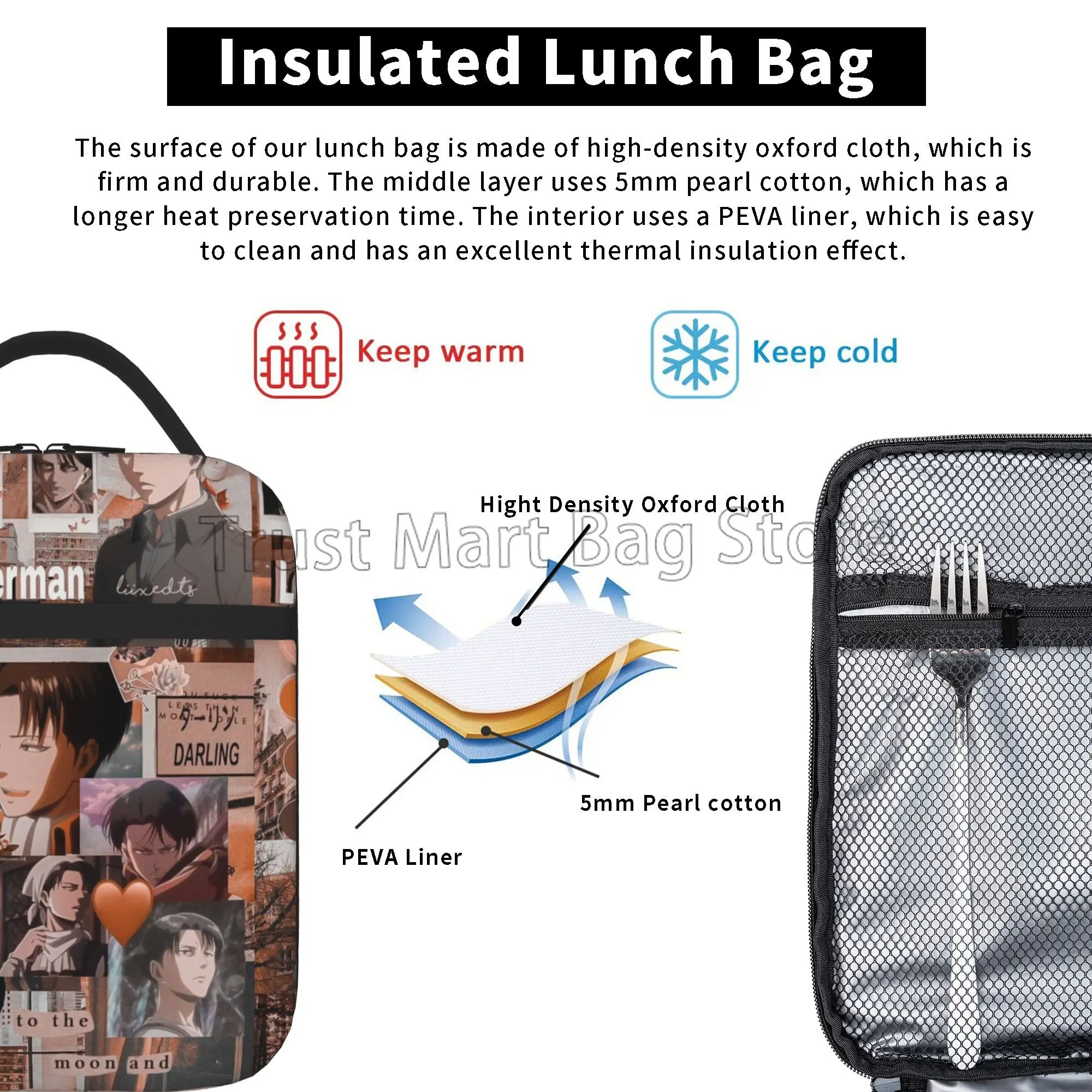 Levi ackerman isolierte Lunch-Tasche wieder verwendbare tragbare Lunchbox Kühler Thermal Bento Einkaufstaschen für Jungen Mädchen Schule Picknick Strand