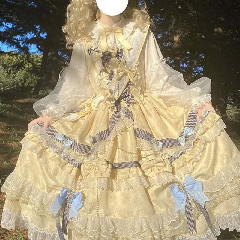 Elegance Vintage Palace Lolita Dress Sweet Princess Lace Sleeve Blouses Bowknot Ruffled High Waist Long Victorian Gothic Dress