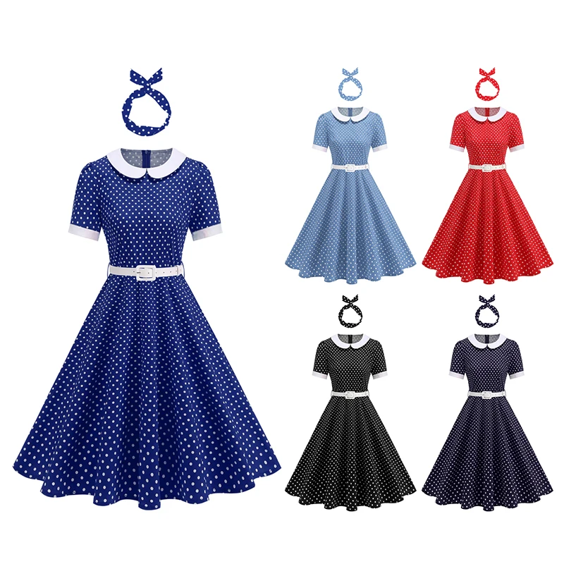 50대 60대 여성 레트로 물방울 무늬 드레스 슬림핏 핀업 볼 가운 파티 드레스 로브 빅 스윙 로카빌리 드레스 헤드밴드 포함