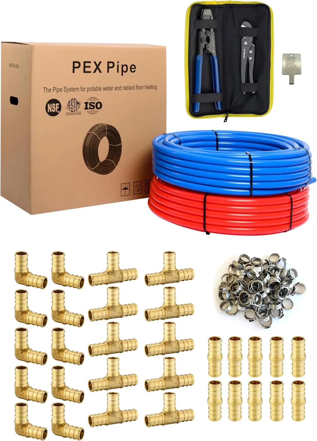 

Комплект труб PEX-B 1/2 дюйма: 600 футов красных/синих трубок, 30 латунных фитингов, инструмент для обжима, зажимы и труборез для сантехники