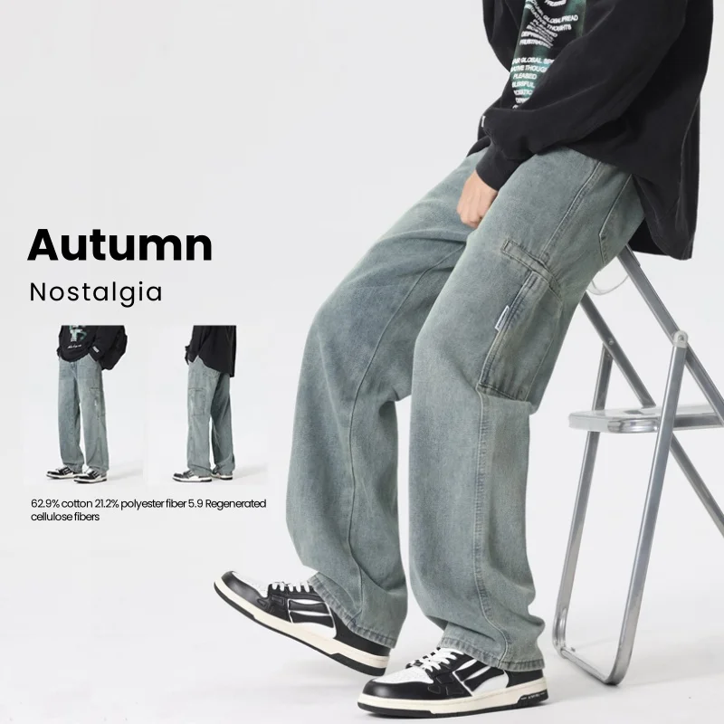 

Personality Splicing Vintage Jeans Men's Autumn Fashion Cargo Pants Casual Straight Loose Korean Wide Pocket Denim Pants Male