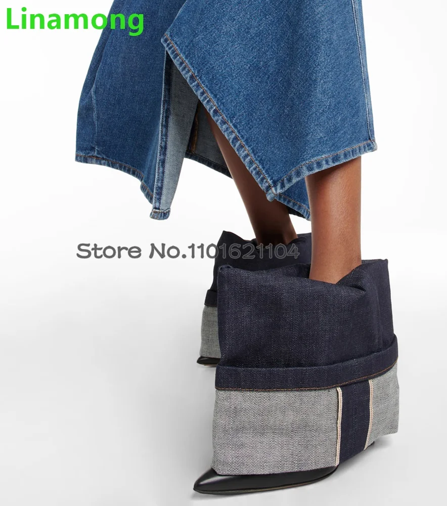 Denim Fabric Slip-On Short Boots for Female Women 2024 Pointed Toe Thin High Heel Turned-Over Edge Loose Fitting Design Shoes