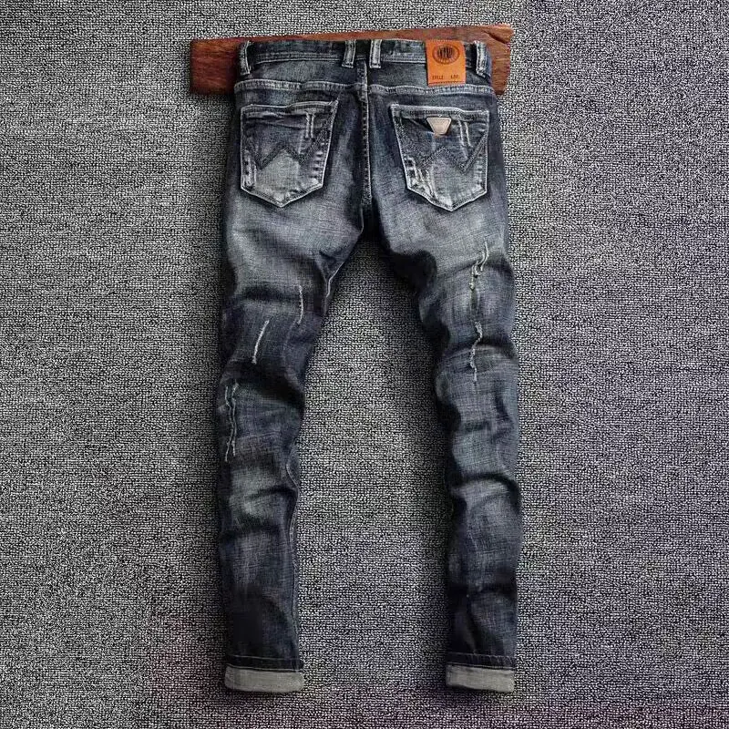 Fashion Designer Men Jeans High Quality Retro Black Gray Stretch Slim Fit Frayed Ripped Jeans Men Vintage Trousers Denim Pants