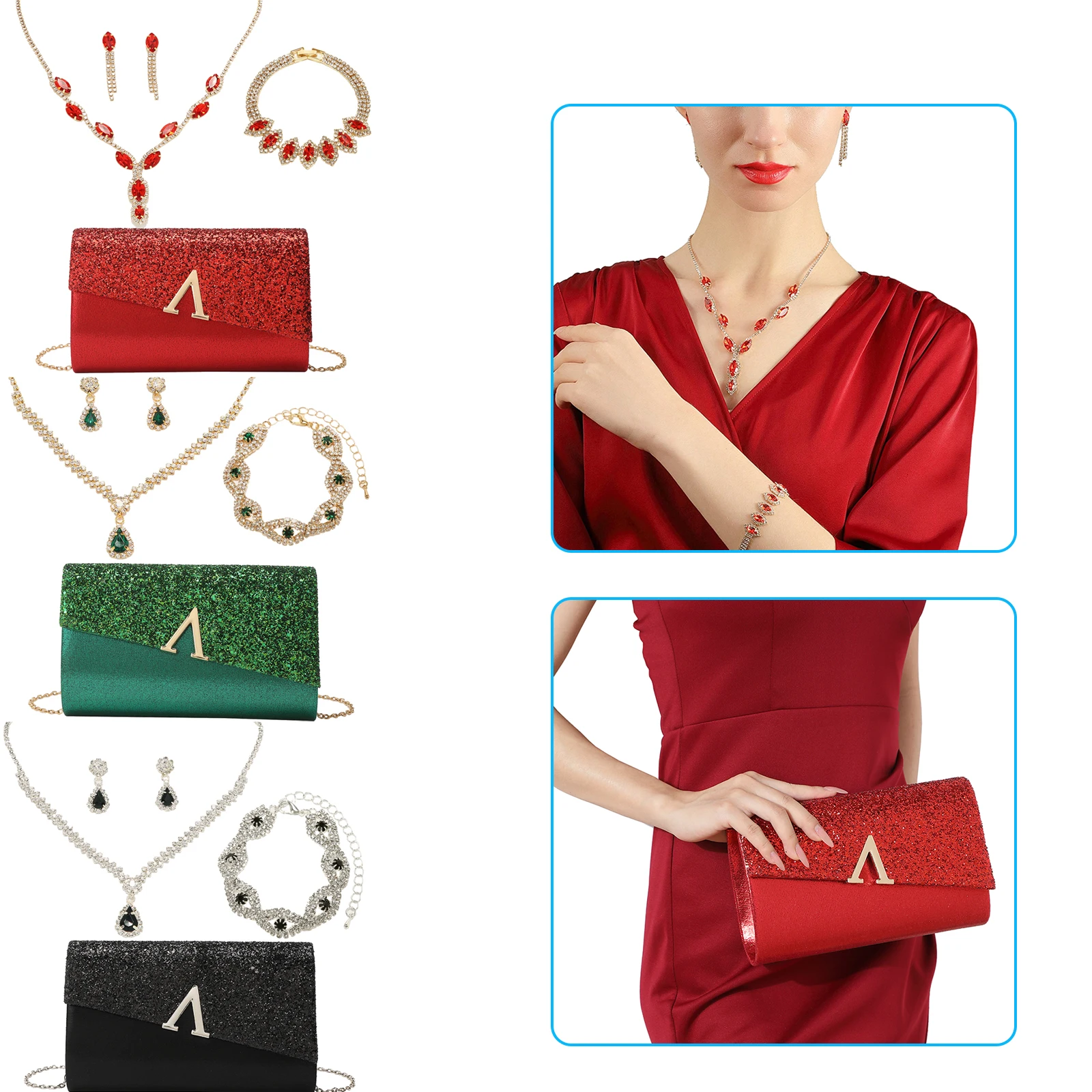 

4PCS Set Evening Banquet Handbag With Necklace Earrings Bracelet Women Elegant Sparkly Flap Clutch Bag Shoulder Crossbody Bag