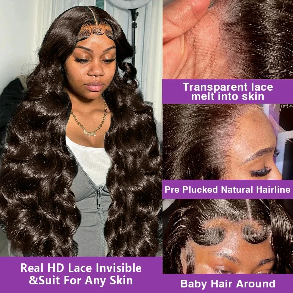 Perruque Lace Front Wig Body Wave Brésilienne Naturelle, Cheveux Humains, Couleur Brun Chocolat, 13x4, 13x6, HD, Transparent