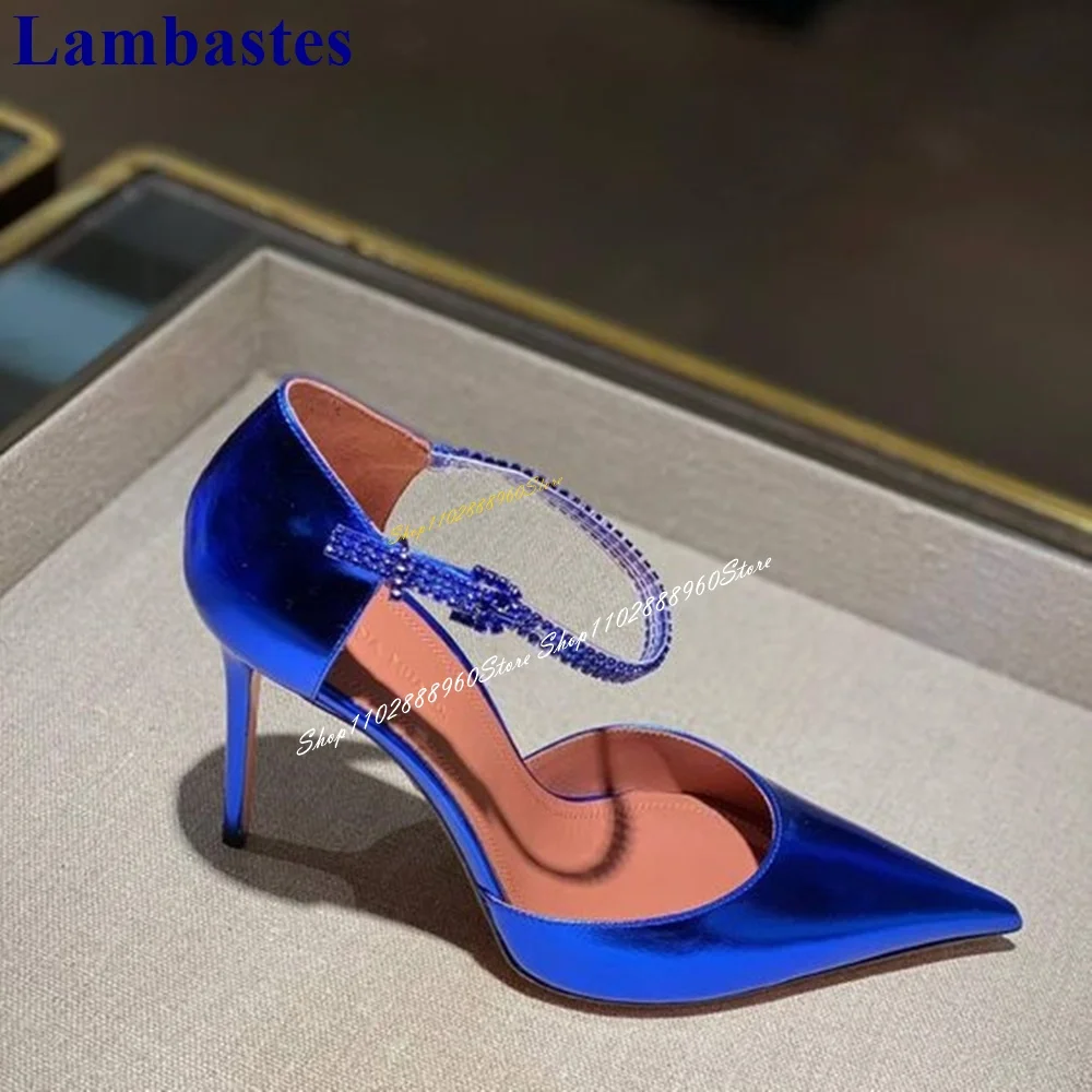 

Luxury Blue Shallow Runway Sandals Thin High Heel Women Shoes Ankle Buckle Strap Pointed Toe 2024 Fashion Zapatos Para Mujere