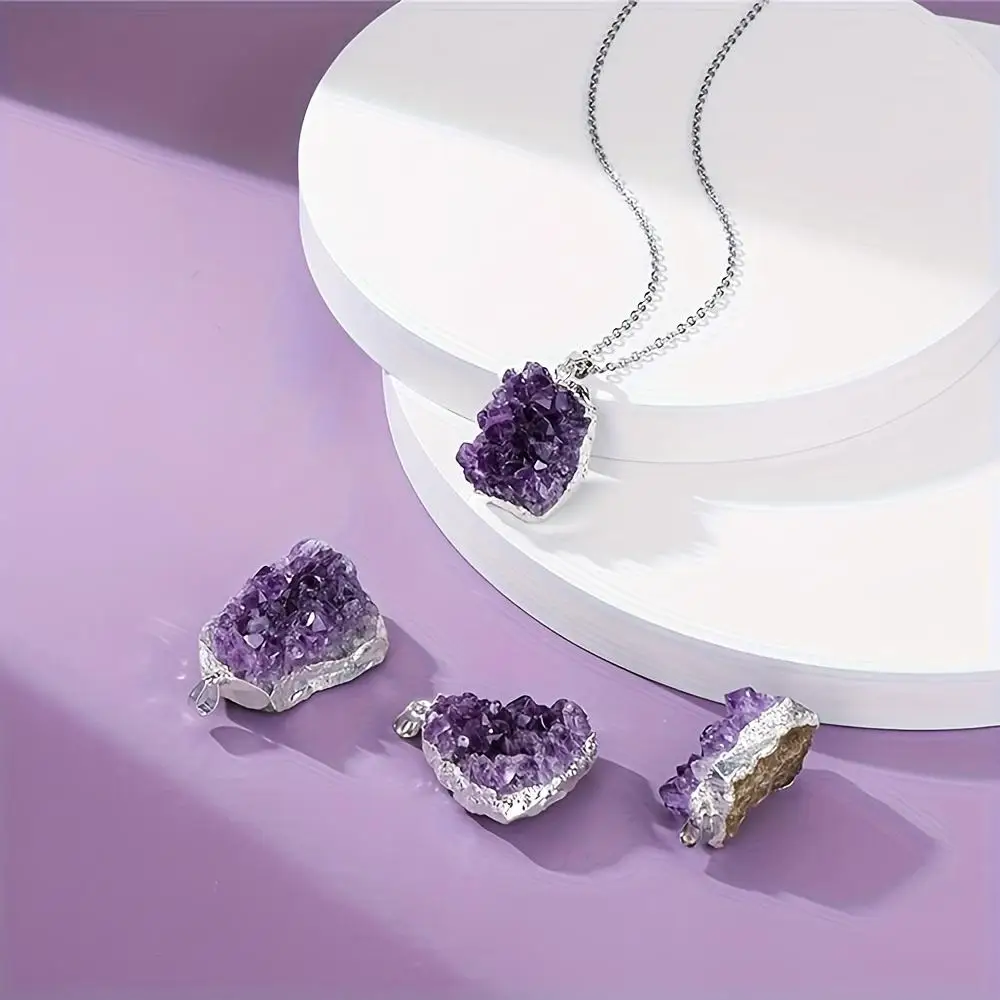 1pc Amethyst Cluster Crystal Necklace for Women Men, Irregular Raw Rough Loose Gemstones Amethyst Quartz Stone Pendant Necklace Jewelry - Creative Gifts for Father, Mother, Friends, Sisters and Grandparents on Valentine's Day, Birthday, Anniversary - view 7