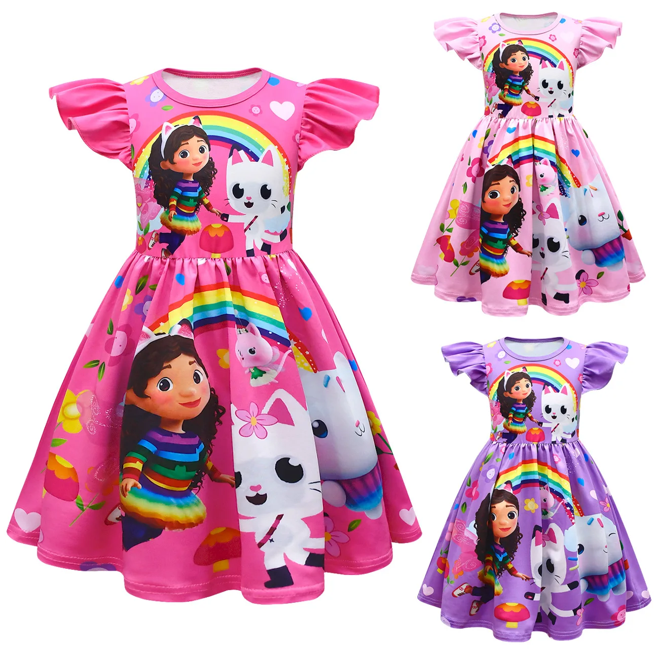 Cartoon Gabby Cats Baby Girl Dresses Kids Gabby\'s Doll House Clothes Cosplay Costume Children Fly Sleeve Casual Dress + Headband