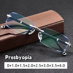 Finished Reading Eyewear for Men Diamond Cutting Far Sight Eyeglasses Fashion Ultra Light Rimless Presbyopia Goggle To +4.0