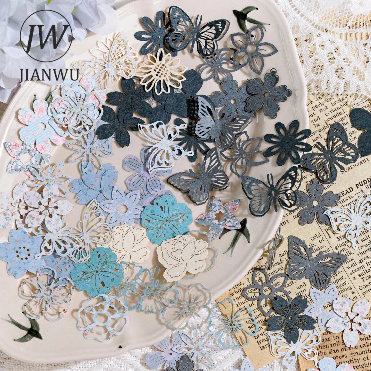 JIANWU 50 Sheets Encounter Garden Series Vintage Hollow Flower Butterfly Collage Material Pack Creative DIY Journal Stationery