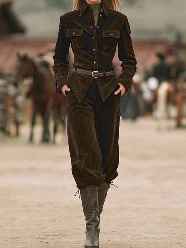 

Lady Fashion Single breasted Corduroy Outfits Casual Long Sleeve Pocket Solid 2Pc Set Elegant Lapel Collar Coat & Long Pant Suit