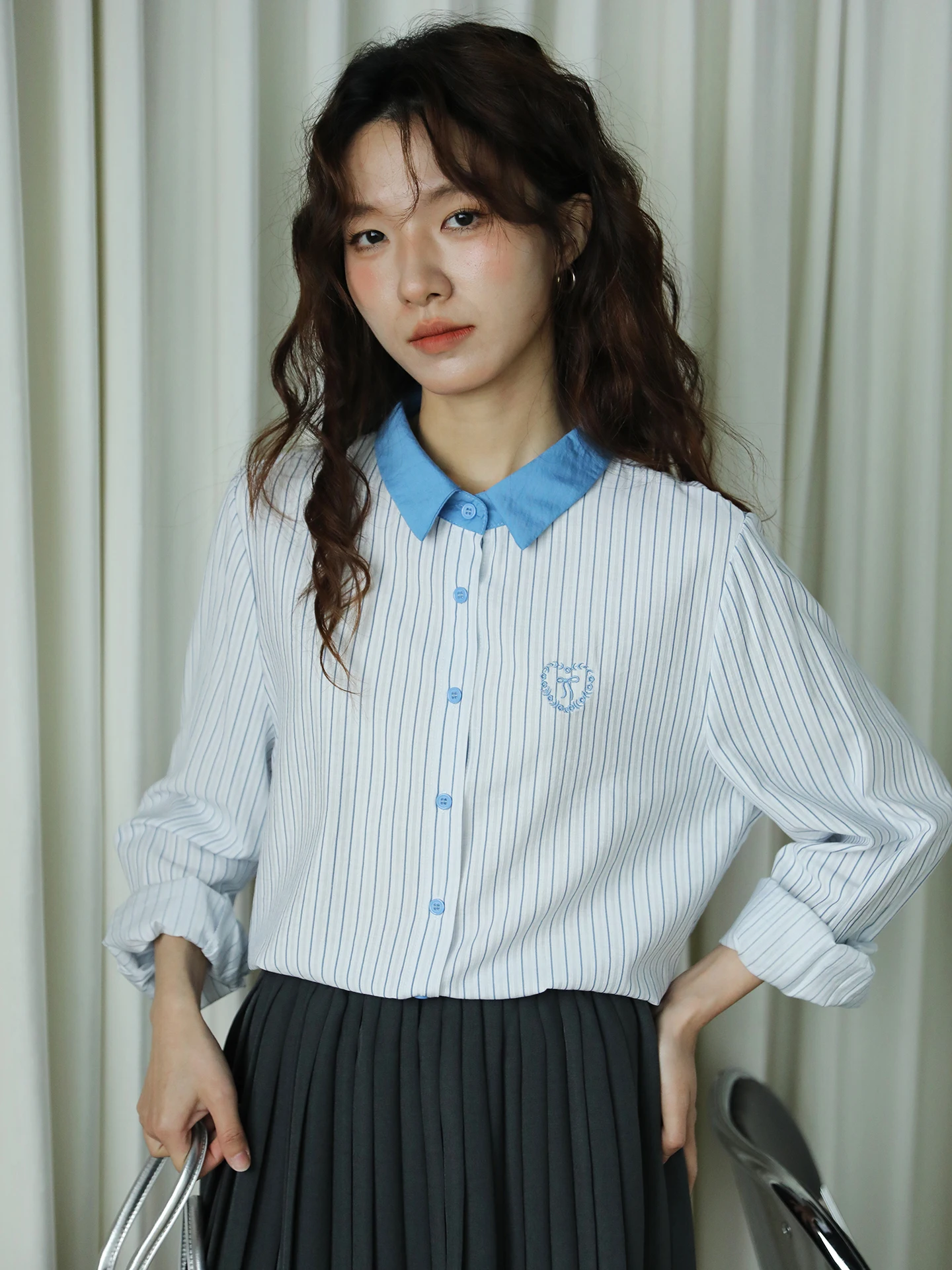 

Casual Striped Long Sve Cotton irt Women's Loose Fit Embroidered College Sle Contrast Color irt Breathable Skin-Frie...