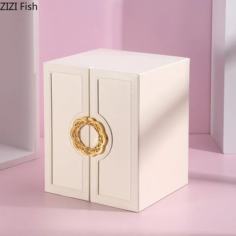 European Leather Separate Grid Storage Box Makeup Box Dressing Table Jewelry Organizer Necklace Earrings Hanging Rack Drawer