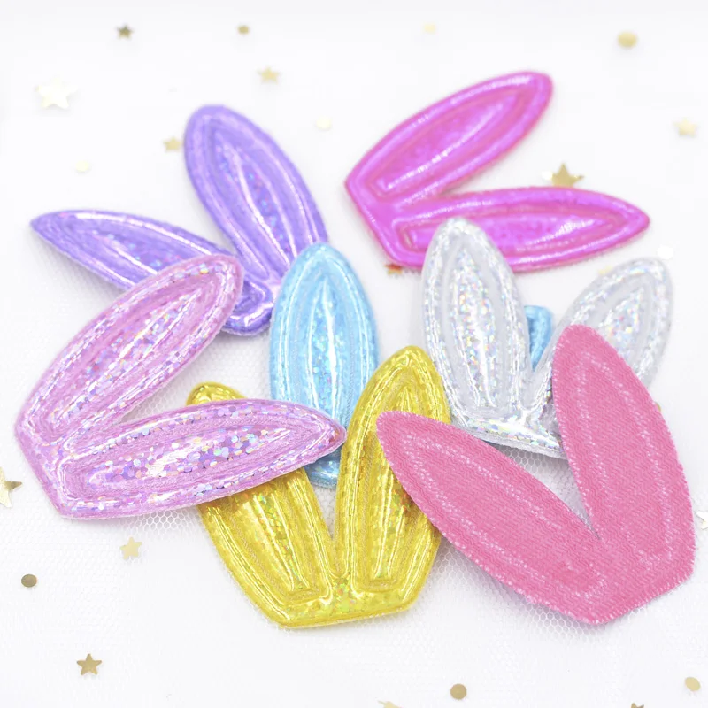 12Pcs Glitter Lase PU Fabric Rabbits Ears Applique Padded Patches for Hair Hoop, Clips, Band, Headdress, Hairdress, Ornament