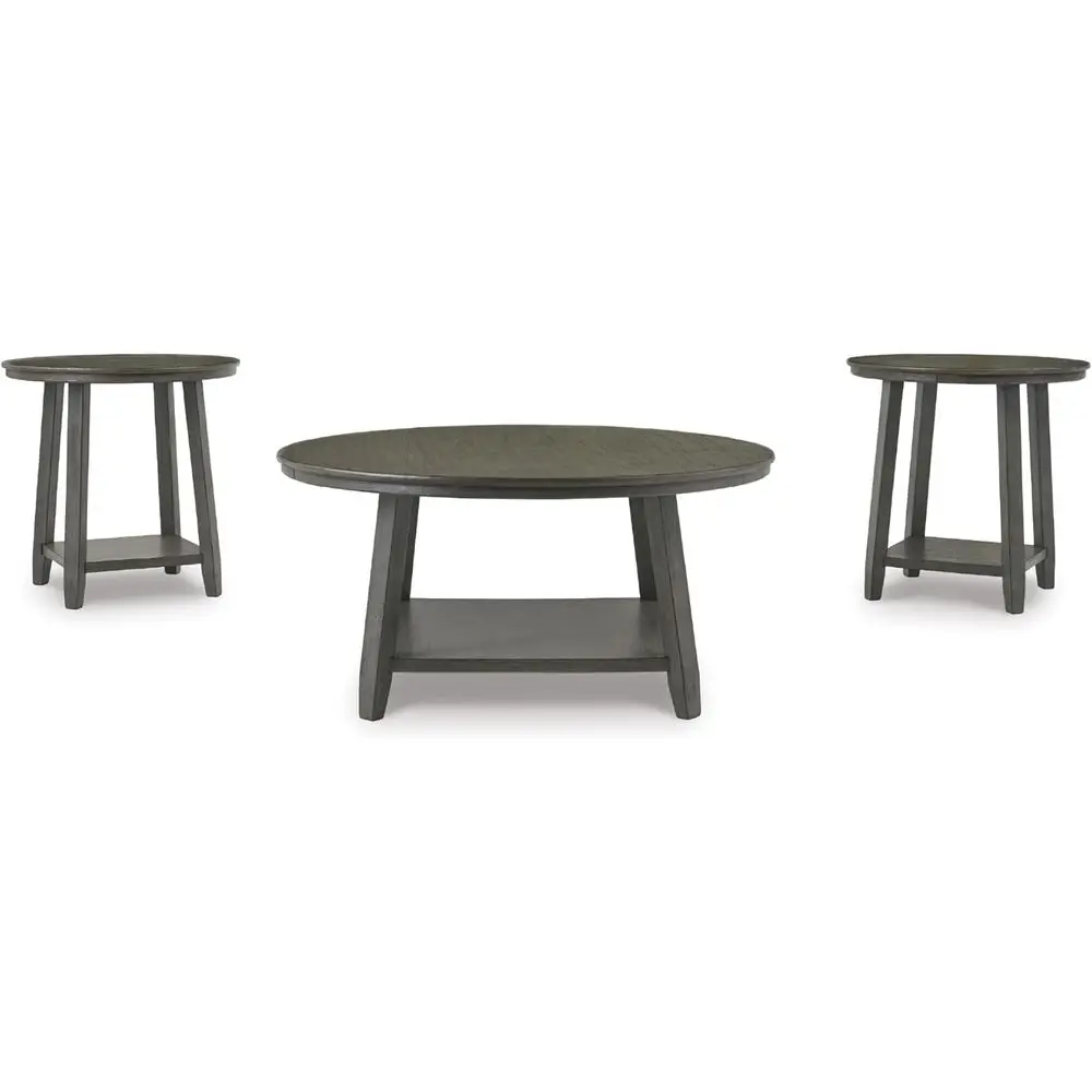 

Gray Washed Acacia Wood 3-Piece Coffee Table Set with 2 End Tables, Round Design and Lower Shelves, Contemporary Living Room Fur