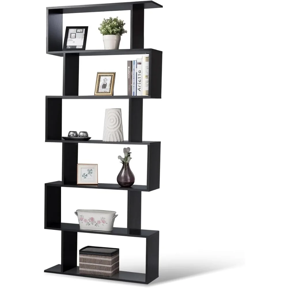 

6-Tier Geometric Bookcase, Modern S-Shaped Storage Display Bookshelf for Living Room, Anti-Toppling Device, Home Office