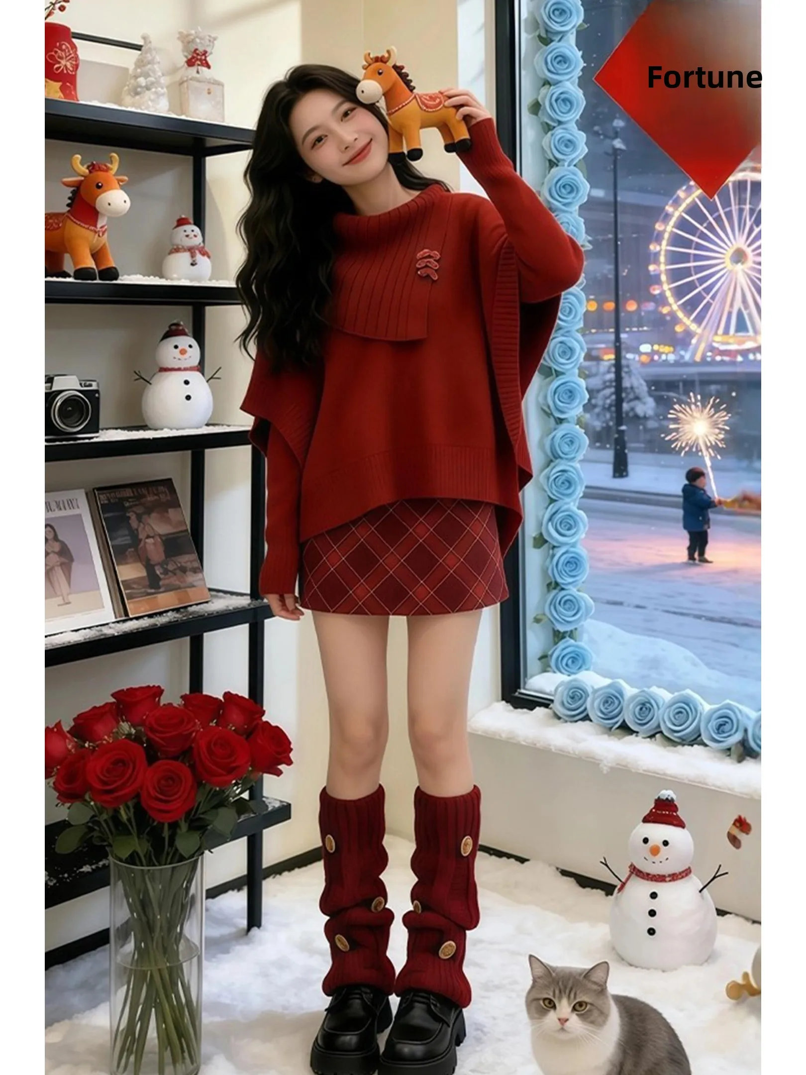 

Anti-Aging Red Knitted Cape Top And Plaid Skirt Set Women's Loose Fit Spring Faion Ensemble Warm Polyester Long Sve