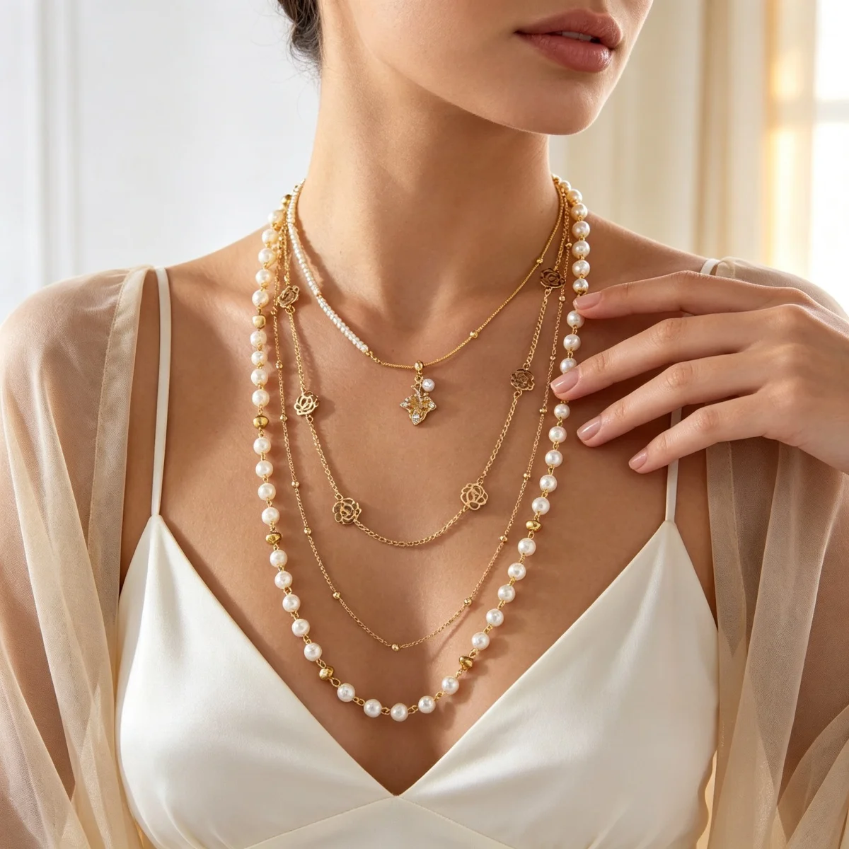 Elegante französische Zirkon-Ahornblatt-Halskette mit hohlen Rosenblüten und simulierten Perlen für Damen und Herren, Ins-Stil, florales Choker-Schmuckstück – Detail 14