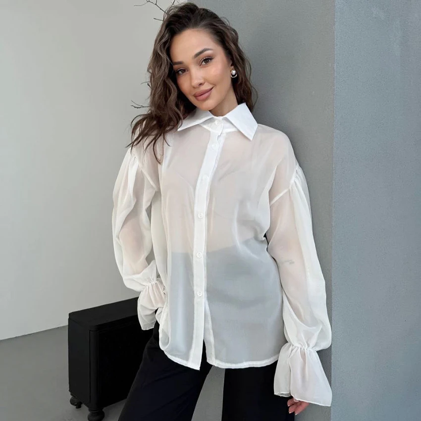 

Linad Office Lady White Chiffon Shirts Elegant Sheer Long Sleeve Woman Blouse Street Chic Button Up Tops Casual Shirt 2025 Pink