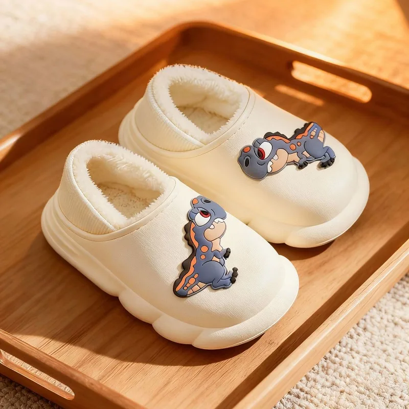 

Kids Dinosaur Slippers 2026 New Winter Plush Indoor Non Slip Waterproof Thick Sole Home Furry Shoes for Boys Girls Parent Child