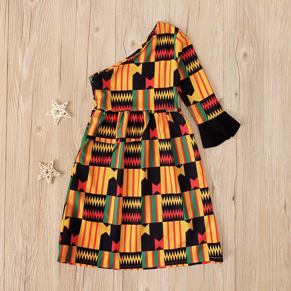 Children\'s European and American spring and autumn African Bohemian style off-the-shoulder one-sleeved dress long dress chil