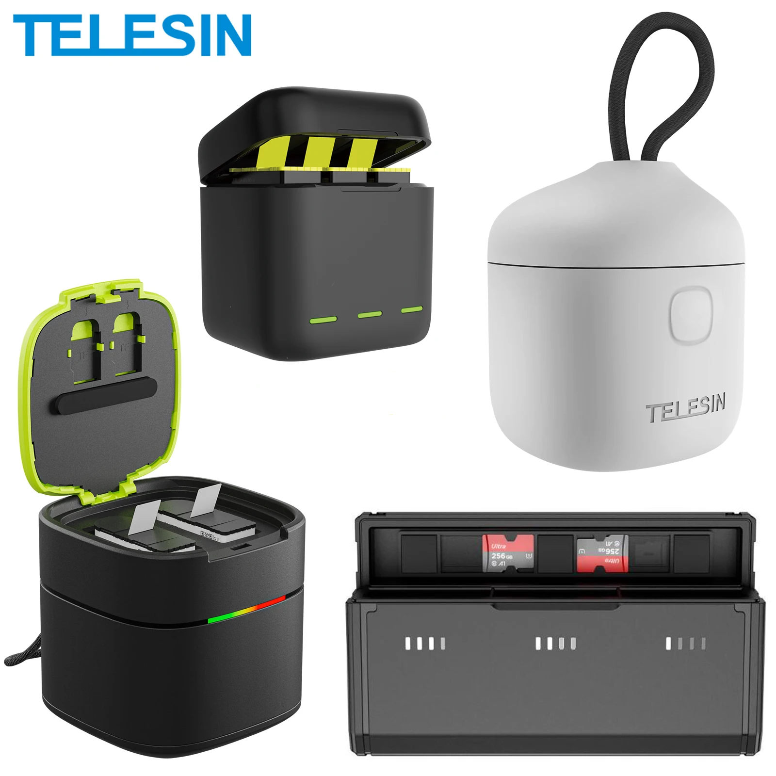 TELESIN 4 Kinds 3 Slots Charger With LED Light TF Card Reader Storage Charging Box for GoPro Hero 12 11 10 9 Black